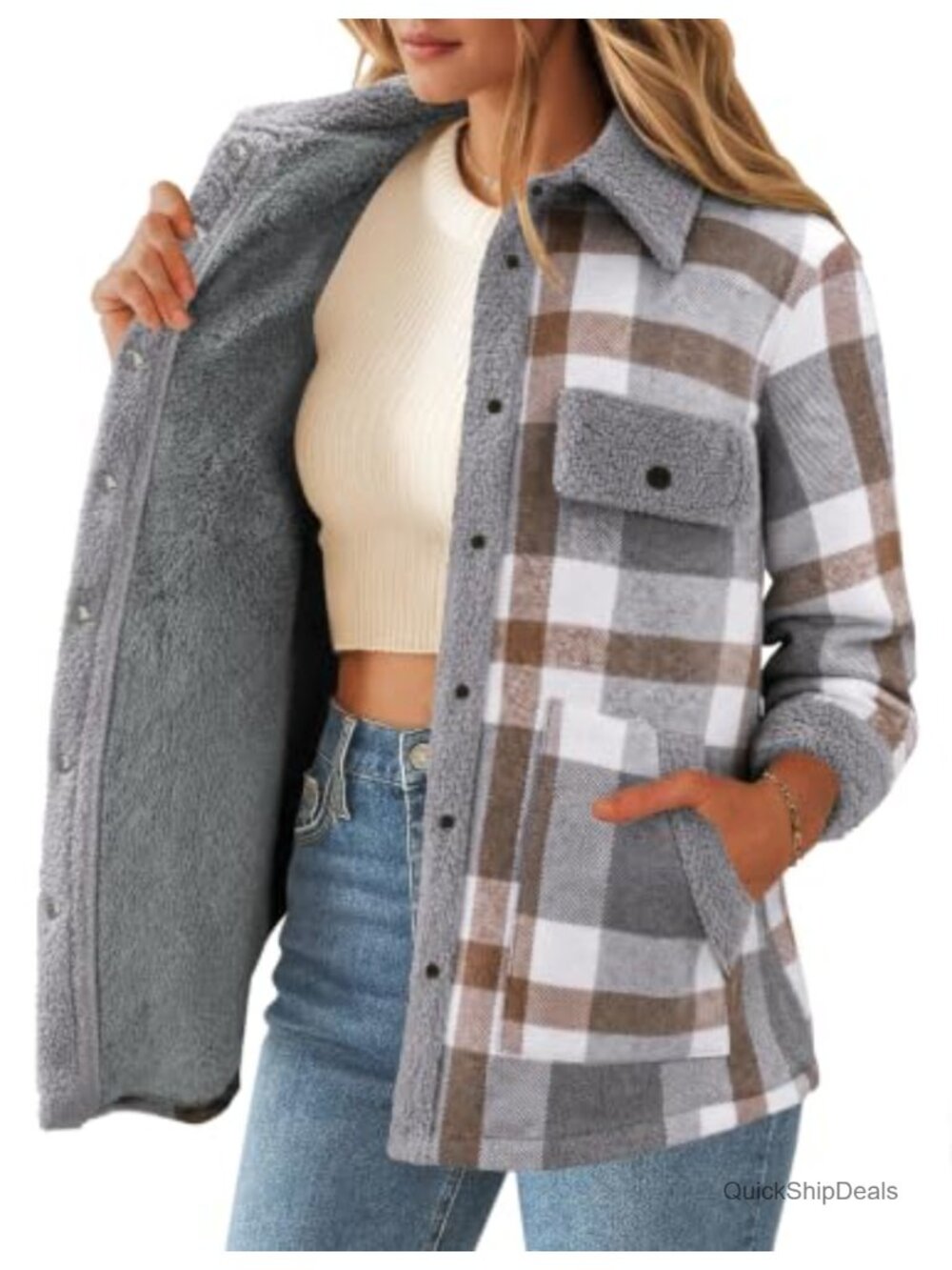 Zeagoo Womens Fleece Lined Flannel Shacket Plaid Sherpa Snap Button Casual